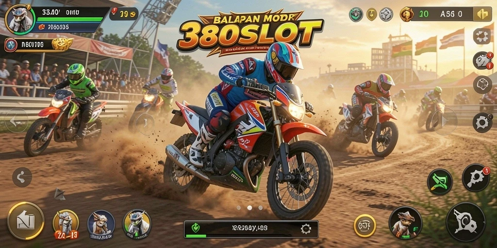 Tampilan aksi balap motor yang seru dalam <strong>380SLOT</strong>.