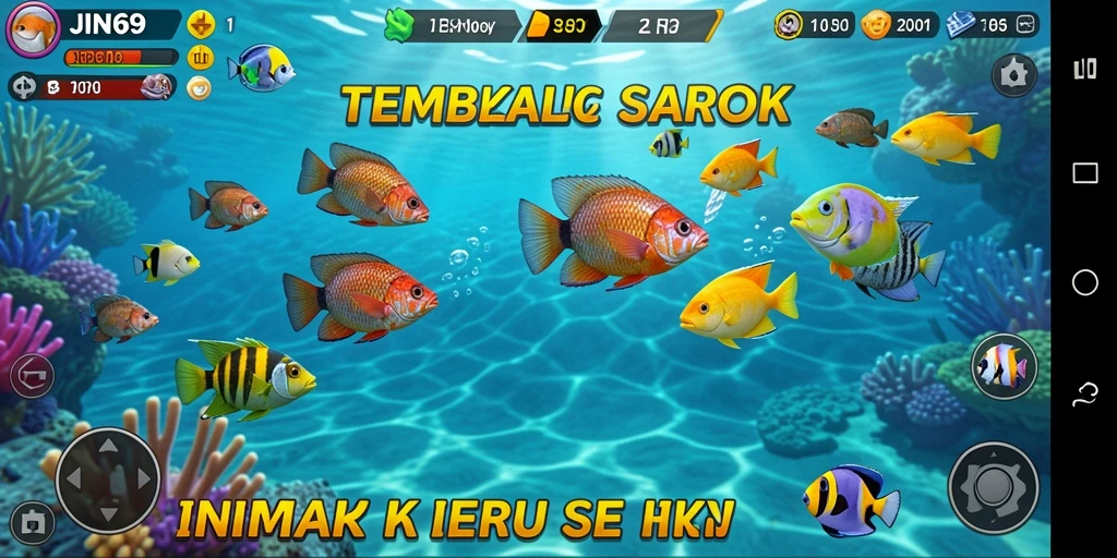 Gameplay menarik JIN69 dengan ikan berwarna-warni yang bergerak aktif.