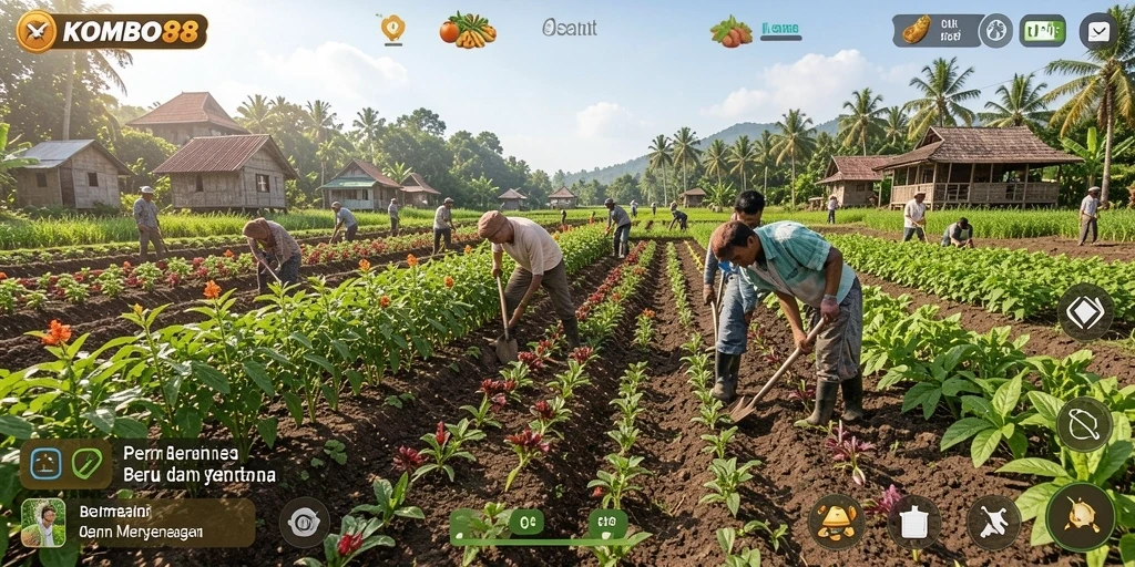 Tampilan gameplay KOMBO88 yang menampilkan aktivitas bertani dan perawatan hewan.