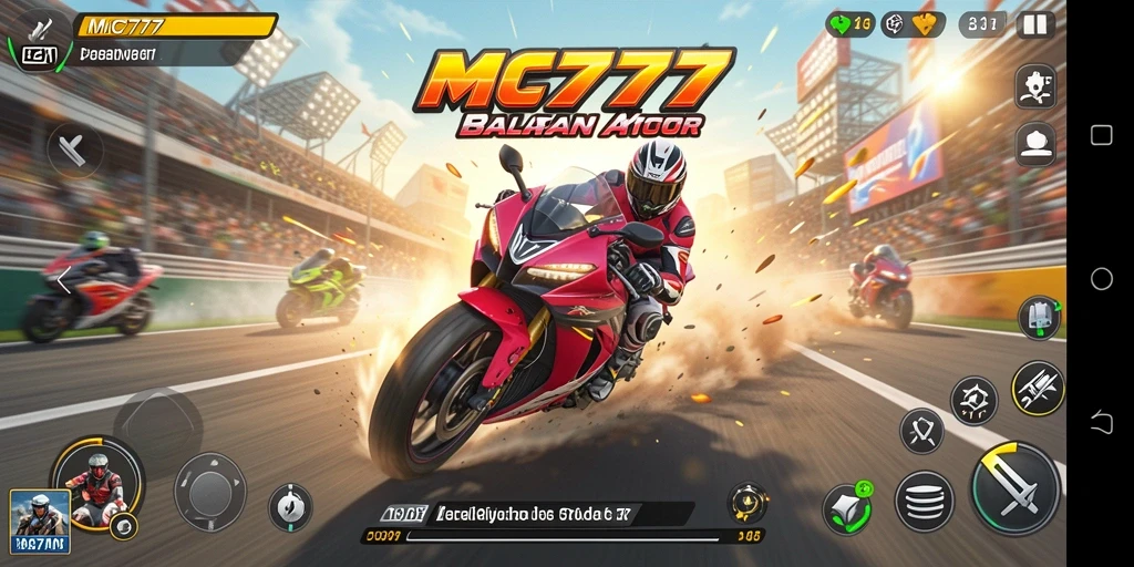 Screenshot utama MC777 menampilkan aksi balapan motor yang mendebarkan.