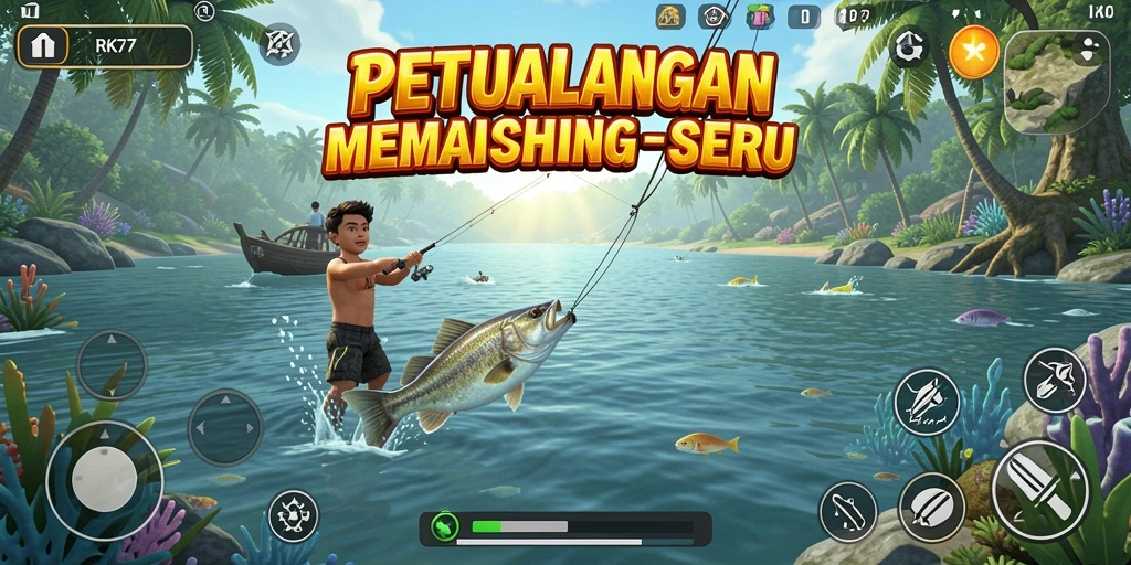 Tampilan gameplay RK77 yang mengasyikkan saat memancing ikan besar.