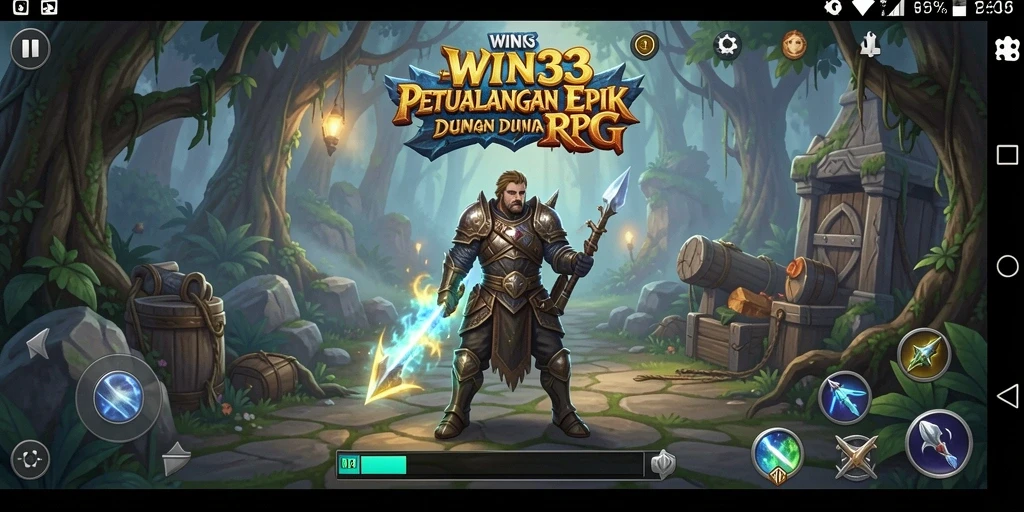 Screenshot gameplay <strong>WIN33</strong> menunjukkan karakter dalam pertempuran epik di dunia fantastis.